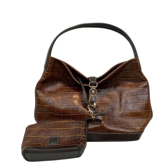 Dooney & Burke Logo Lock Hobo Croc Shoulder Bag with Matching Make Up Case - Picture 2 of 14
